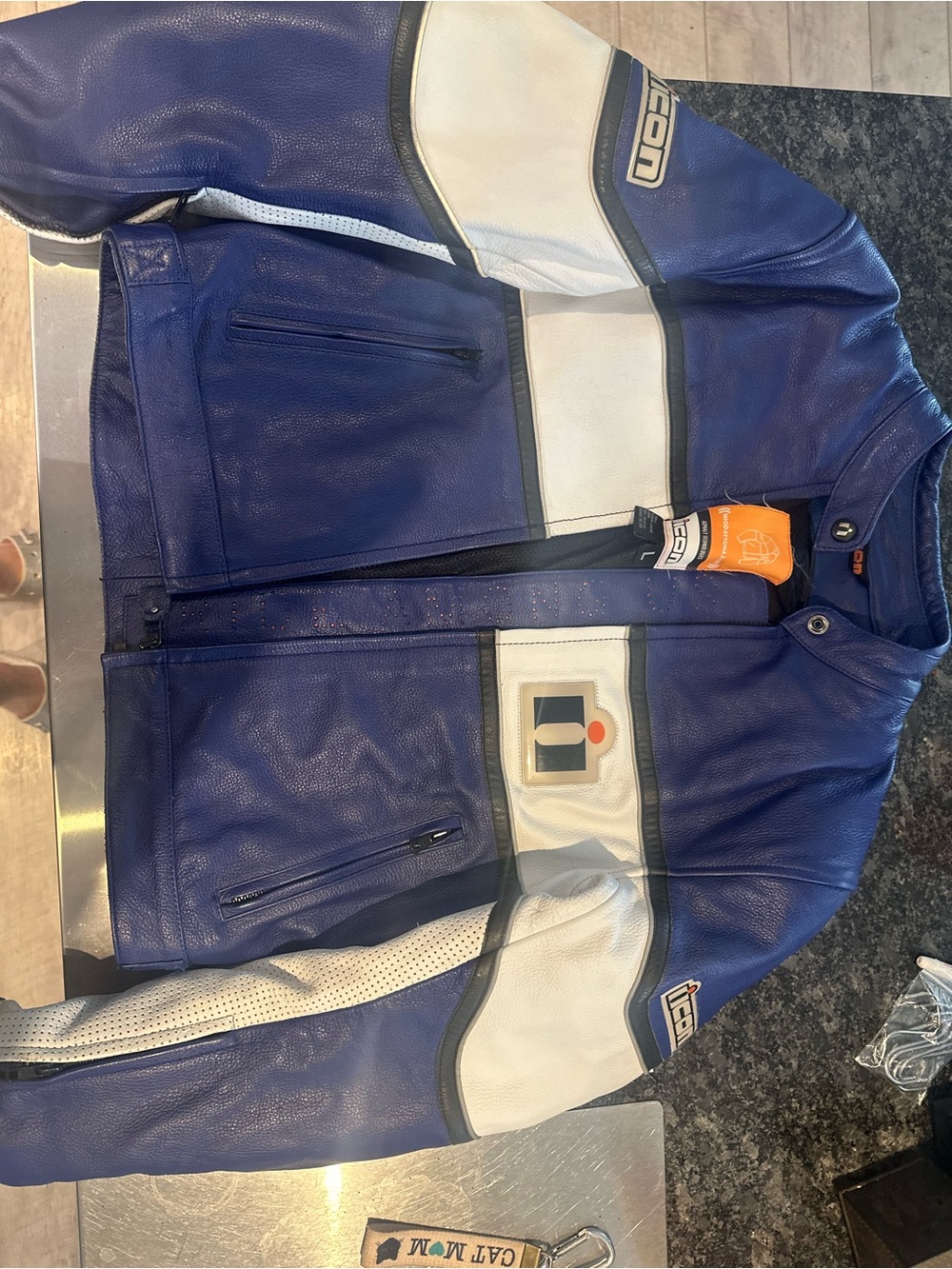 Icon unisex Blue and White Leather Motorcycle Jacket Large